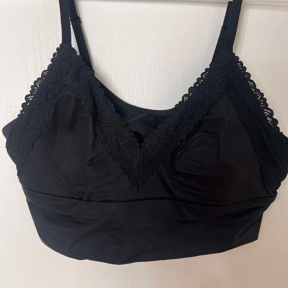 Aerie Womens Black V-Neck Side Lace Details T-Shirt‎ Bralette Black Size Small